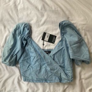 Missguided Chambray Shirred Volume Sleeve Top